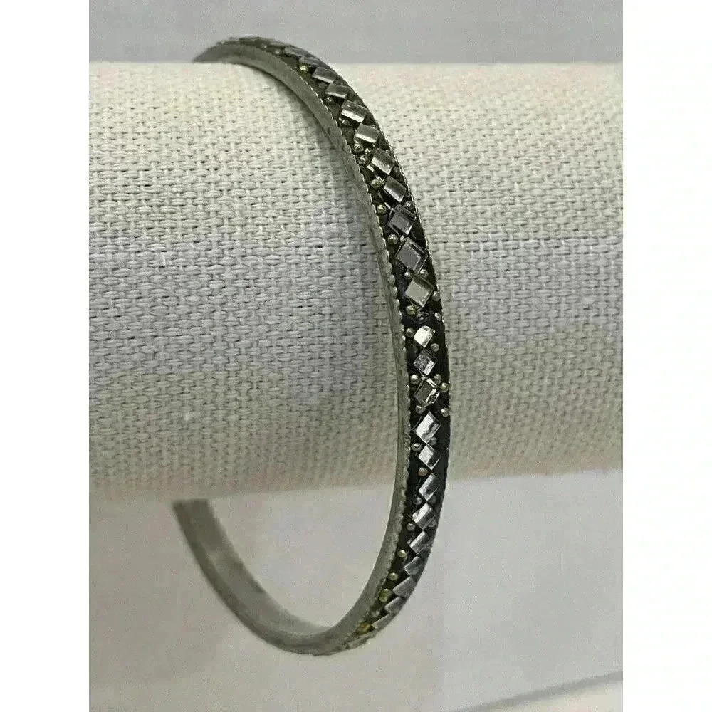 Silver Tone Mirror Inlay Bangle Bracelet Gold Bead Geometric Mosaic 8 Inch